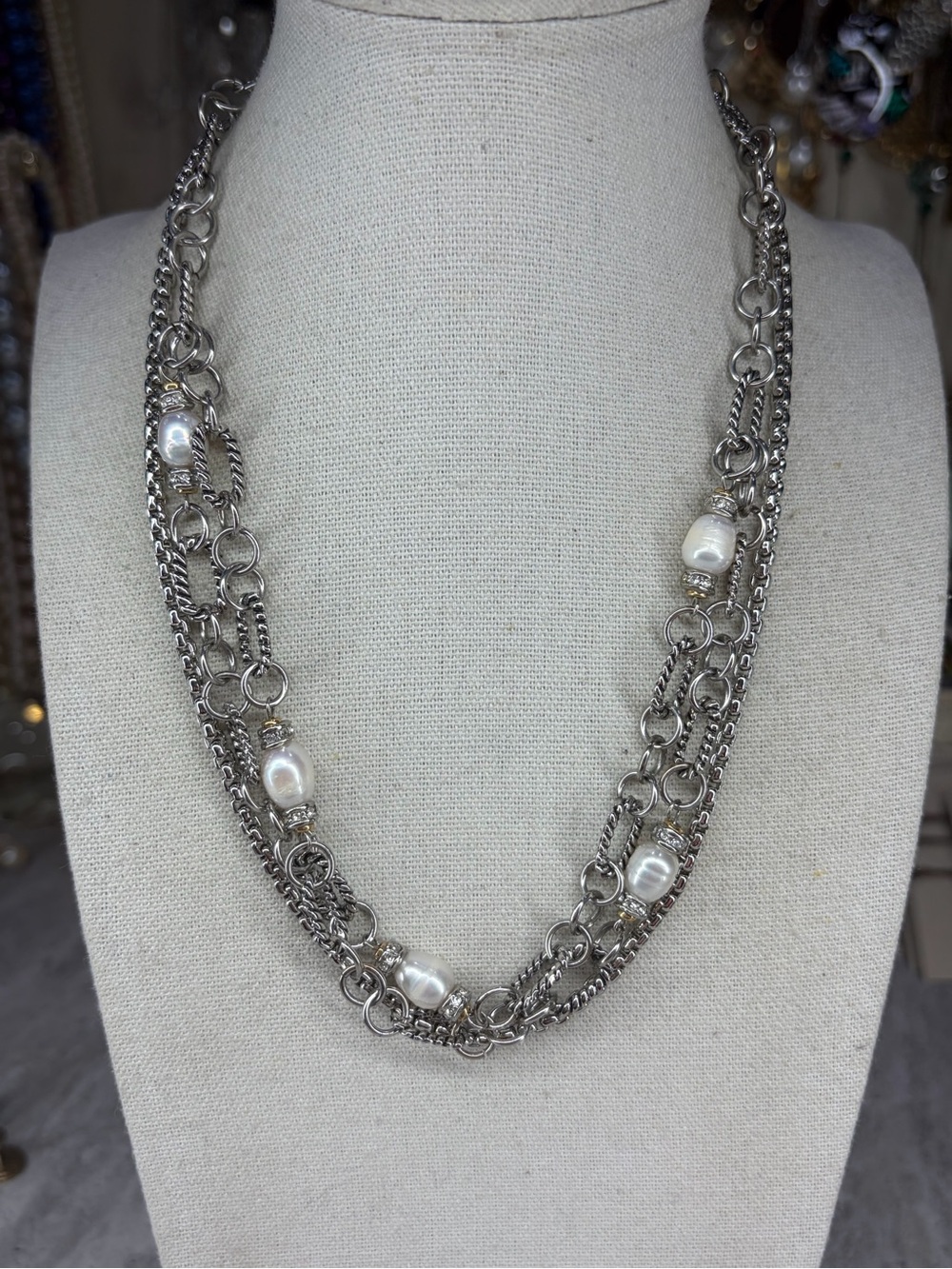 Genuine Pearl Necklace Metal Silver Tone Multi Chain Layer Jewelry